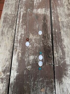 Delicate Multicolor Stone Pendant Long Necklace - White, Teal, Brown Accents